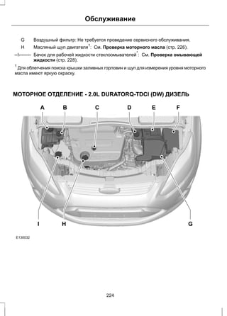 Обслуживание 
Воздушный G фильтр: Не требуется проведение сервисного обслуживания. 
H Масляный щуп двигателя1: См. Проверка моторного масла (стр. 226). 
Бачок для рабочей жидкости стеклоомывателей*: См. Проверка омывающей 
жидкости (стр. 228). 
--I-------- 
1 Для облегчения поиска крышки заливных горловин и щуп для измерения уровня моторного 
масла имеют яркую окраску. 
МОТОРНОЕ ОТДЕЛЕНИЕ - 2.0L DURATORQ-TDCI (DW) ДИЗЕЛЬ 
E130032 
A B C D E F 
I H G 
224 
 