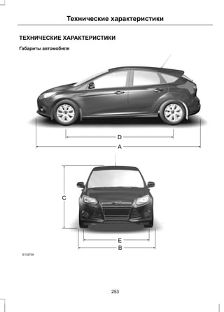 Технические характеристики 
ТЕХНИЧЕСКИЕ ХАРАКТЕРИСТИКИ 
Габариты автомобиля 
D 
A 
C 
E 
B 
E132736 
253 
 