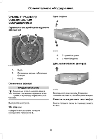 Осветительное оборудование 
ОРГАНЫ УПРАВЛЕНИЯ 
ОСВЕТИТЕЛЬНЫМ 
ОБОРУДОВАНИЕМ 
Переключатель приборов наружного 
освещения 
E132706 
A B C 
A Выкл. 
Передние и задние габаритные 
фонари 
B 
С Фары 
Стояночные фонари 
ПРЕДОСТЕРЕЖЕНИЕ 
Включение стояночных фонарей в 
течение длительного времени может 
привести к разряду аккумуляторной 
батареи. 
Выключите зажигание. 
Обе стороны 
Поверните выключатель контроля 
освещения в положение B. 
Одна сторона 
A 
B 
E130139 
A С правой стороны 
B С левой стороны 
Дальний и ближний свет фар 
E130140 
Для переключения между ближним и 
дальним светом фар подайте рычаг вперед. 
Сигнализация дальним светом фар 
Слегка потяните рычаг в сторону рулевого 
колеса. 
63 
 