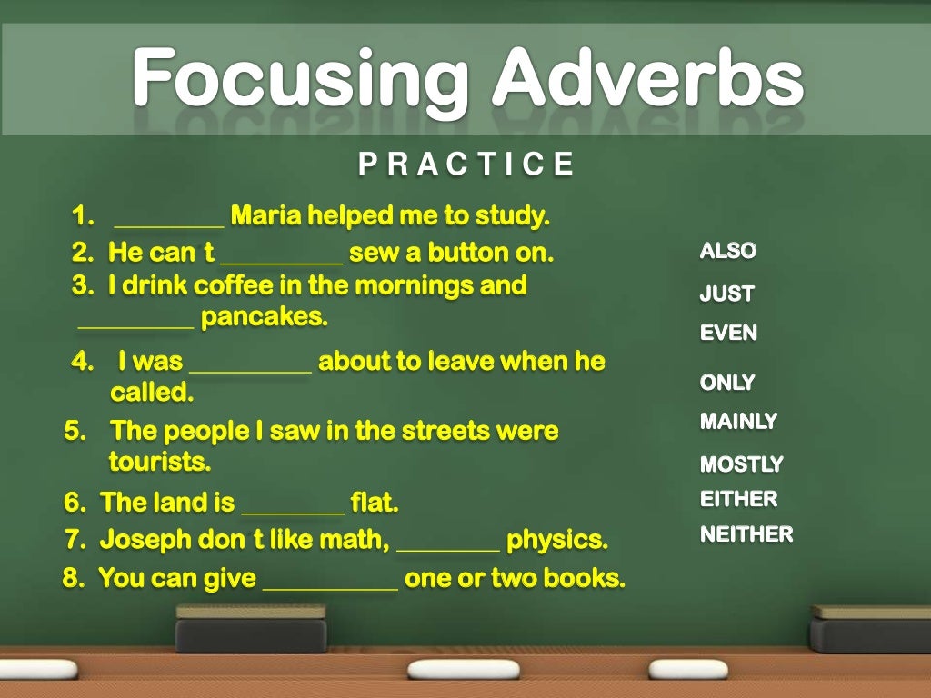 Focusing adverbs. Adverbs of time. Adverbs of frequency in the sentence