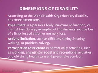 DIMENSIONS OF DISABILITY
According to the World Health Organization, disability
has three dimensions:
Impairment in a person’s body structure or function, or
mental functioning; examples of impairments include loss
of a limb, loss of vision or memory loss.
Activity limitation, such as difficulty seeing, hearing,
walking, or problem solving.
Participation restrictions in normal daily activities, such
as working, engaging in social and recreational activities,
and obtaining health care and preventive services.
3/22/2021
FOCUSING ON ABILITY NOT ON DISABILITY BY
DR. SHAZIA KHALFE 7
 