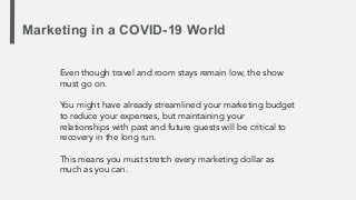 Marketing in a COVID-19 World
Even though travel and room stays remain low, the show
must go on.
You might have already st...