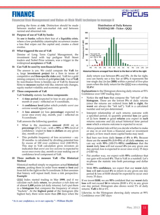 11May, 2013
FINANCE
Financial risk management and Value-at-Risk (VaR) technique to manage it
putting the firms at risk. Distinction should be made
between market and non-market risk and between
normal and abnormal risk.
14 	 Purpose of use of VaR by banks
	Its use in banks, reflects their fear of a liquidity crisis,
where a low-probability catastrophic occurrence creates
a loss that wipes out the capital and, creates a client
exodus.
15 	 What triggered the use of VaR
	 Demise of Long Term Capital Management, the
investment fund with top pedigree Wall Street
traders and Nobel Prize winners, was a trigger in the
widespread acceptance of VaR.
16 	 Can VaR be used by non-financial firms
	 The answer is yes. We could compute the VaR for
a, large investment project for a firm in terms of
competitive and firm-specific risks and, VaR for a gold
mining company in terms of gold price risk. Use of VaR
by non-finance firms is besides use of VaR by financial
firms to measure market risk like, interest rate changes,
equity market volatility and economic growth.
17 	 Three components of VaR
	VaR Volitality statistic has three components:
	 •	 A time period (expected to lose in any given day,
month or year) – reflected on Y-coordinate,
	 •	 A confidence level (after which probable worst case
outcome would appear) and,
	 •	 A loss amount (or loss percentage) expected to
occur once every day, month, year – reflected on
X-coordinate.
	 VaR answers the following question:
	 •	 What is the maximum amount ($100 m) or
percentage (2%) I can - with a 95% or 99% level of
confidence - expect to lose in dollars on any given
day, month or year?
	 •	 This probable frequency of loss occurrence – say
20 months- is calculated by dividing potential loss
by excess of 100 over confidence level (100-95=5).
This step in VaR calculation gives investors an
indication that worst case loss outcome is expected to
occur once every day, month or year making use of
confidence level component of VaR.
18 	Three methods to measure VaR –The Historical
Method
	 Historical method simply re-organizes actual historical
returns, putting them in order from worst to best and
from left to the right on the X-coordinate. It then assumes
that history will repeat itself, from a risk perspective.
Example:
	 QQQ Index started trading in Mar 1999, and if we
calculate each daily return, we produce a rich data set
of almost 1,400 points (of daily returns). Let’s put them
in a histogram that compares the frequency of return
“buckets”. At the highest point of the histogram (the
highest bar), there were more than 250 days when the
daily return was between 0% and 1%. At the far right,
you can barely see a tiny bar at 13%; it represents the
one single day (in Jan 2000) within a period of five-plus
years when the daily return for the QQQ was a stunning
12.4%!
Explanations to the Histogram showing daily returns at 95%
Confidence over 1387 trading days:
•	 Notice the red bars that compose the “left tail” of the
histogram. These are the lowest 5% of daily returns
(since the returns are ordered from left to right, the
worst are always the “left tail”). VaR is a calculated
number and not pre-determined.
•	 Interpret relationship of each returns outcome with
a specified period, to quantify potential loss (or gain)
of (i) how worst or good returns you expect in each
returns outcome and (ii) actual historical time period
over which a returns outcome is expected to occur.
•	 Above potential risk will let you decide whether to make
or stay in or exit from a financial asset or investment
project, or how much more capital banks may need.
•	 Red bars run from daily losses of 4% to 8%. Because
these are the worst 5% (4-8=5%) of all daily returns, we
can say with 95% (100-5%=95%) confidence that the
worst daily loss will not exceed 4% (on any given one
day period; loss is expected to occur once every 35 days
(=1387÷4).
•	 Put another way, we expect with 95% confidence that
our gain will exceed 4%. That is VaR in a nutshell. Let’s
re-phrase the statistic into both percentage and dollar
terms:
•	 With 95% confidence, we expect that our worst daily
loss will not exceed 4% in return in any given one day
period & loss of $100 should be expected to occur once
every 35 days.
If we invest $100, we are 95% confident that our worst daily
loss will not exceed $4 in returns ($100 x 4%) in any given
one day period. Histogram also shows worst 5% of daily
returns. VaR is $4 or 4%.
Likewise, to the Histogram showing daily returns at 99%
Confidence over 1387 days:
Historical Returns arranged from Worst to the Best or left to the right
Distribution of Daily Returns
NASDAQ 100 - Ticker : QQQ
“As is our confidence, so is our capacity.” - William Hazlitt
 