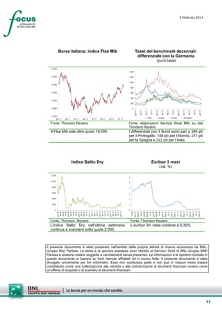 4 febbraio 2014

Borsa italiana: indice Ftse Mib

Tassi dei benchmark decennali:
differenziale con la Germania
(punti base)

24.000

1.400

22.000

1.200
1.000

20.000

800

18.000

600
400

16.000

giu-11

nov-11

apr-12

set-12

feb-13

lug-13

Italia

dic-13

Spagna

Irlanda

gen-14

ott-13

lug-13

apr-13

gen-13

ott-12

lug-12

apr-12

ott-11

gen-12

lug-11

12.000
gen-11

0

apr-11

14.000

gen-11

200

Portogallo

Fonte: Thomson Reuters

Fonte: elaborazioni Servizio Studi BNL su dati
Thomson Reuters

Il Ftse Mib sale oltre quota 19.000.

I differenziali con il Bund sono pari a 346 pb
per il Portogallo, 148 pb per l’Irlanda, 211 pb
per la Spagna e 222 pb per l’Italia.

Indice Baltic Dry

Euribor 3 mesi
(val. %)

12.000

6

10.000

5

8.000

4

Fonte: Thomson Reuters

gen-14

Fonte: Thomson Reuters

L’indice Baltic Dry nell’ultima settimana
continua a scendere sotto quota 2.000.

set-13

gen-13
mag-13

set-12

gen-12
mag-12

set-11

set-10

gen-11
mag-11

set-09

gen-10
mag-10

gen-09
mag-09

set-08

0

set-07

0

gen-08
mag-08

1

set-06

2

2.000

gen-07
mag-07

3

4.000

gen-08
apr-08
lug-08
ott-08
gen-09
apr-09
lug-09
ott-09
gen-10
apr-10
lug-10
ott-10
gen-11
apr-11
lug-11
ott-11
gen-12
apr-12
lug-12
ott-12
gen-13
apr-13
lug-13
ott-13
gen-14

6.000

L’euribor 3m resta costante a 0,30%.

Il presente documento è stato preparato nell’ambito della propria attività di ricerca economica da BNLGruppo Bnp Paribas. Le stime e le opinioni espresse sono riferibili al Servizio Studi di BNL-Gruppo BNP
Paribas e possono essere soggette a cambiamenti senza preavviso. Le informazioni e le opinioni riportate in
questo documento si basano su fonti ritenute affidabili ed in buona fede. Il presente documento è stato
divulgato unicamente per fini informativi. Esso non costituisce parte e non può in nessun modo essere
considerato come una sollecitazione alla vendita o alla sottoscrizione di strumenti finanziari ovvero come
un’offerta di acquisto o di scambio di strumenti finanziari.

11

 