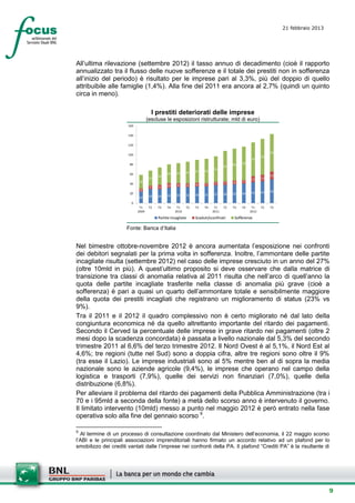 21 febbraio 2013
                                                                                                                     setesettembresette
                                                                                                                     SettsettembreAgost
                                                                                                                     o 2008


All’ultima rilevazione (settembre 2012) il tasso annuo di decadimento (cioè il rapporto
annualizzato tra il flusso delle nuove sofferenze e il totale dei prestiti non in sofferenza
all’inizio del periodo) è risultato per le imprese pari al 3,3%, più del doppio di quello
attribuibile alle famiglie (1,4%). Alla fine del 2011 era ancora al 2,7% (quindi un quinto
circa in meno).

                                         I prestiti deteriorati delle imprese
                                    (escluse le esposizioni ristrutturate; mld di euro)
                       160

                       140

                       120

                                                                                                                78
                       100
                                                                                                           74
                                                                                                    70
                       80                                                                 66   70
                                                                                     63
                                                                               53
                                                            45      47   50
                       60                       39    41
                                           36                                                                   16
                                     31                                                             13     13
                             28                                                      7    8    7
                       40                              8        8   8     7    7
                                           9    10
                                     7
                              6                                                                                 49
                       20                                                                 39   40   43     45
                                                32    33    33      34   35    37    38
                             24      29    29

                         0
                              T1     T2    T3   T4    T1    T2      T3   T4    T1    T2   T3   T4    T1    T2   T3
                             2009                    2010                     2011                  2012

                                           Partite incagliate       Scaduti/sconfinati     Sofferenze

                      Fonte: Banca d’Italia


Nel bimestre ottobre-novembre 2012 è ancora aumentata l’esposizione nei confronti
dei debitori segnalati per la prima volta in sofferenza. Inoltre, l’ammontare delle partite
incagliate risulta (settembre 2012) nel caso delle imprese cresciuto in un anno del 27%
(oltre 10mld in più). A quest’ultimo proposito si deve osservare che dalla matrice di
transizione tra classi di anomalia relativa al 2011 risulta che nell’arco di quell’anno la
quota delle partite incagliate trasferite nella classe di anomalia più grave (cioè a
sofferenza) è pari a quasi un quarto dell’ammontare totale e sensibilmente maggiore
della quota dei prestiti incagliati che registrano un miglioramento di status (23% vs
9%).
Tra il 2011 e il 2012 il quadro complessivo non è certo migliorato né dal lato della
congiuntura economica né da quello altrettanto importante del ritardo dei pagamenti.
Secondo il Cerved la percentuale delle imprese in grave ritardo nei pagamenti (oltre 2
mesi dopo la scadenza concordata) è passata a livello nazionale dal 5,3% del secondo
trimestre 2011 al 6,6% del terzo trimestre 2012. Il Nord Ovest è al 5,1%, il Nord Est al
4,6%; tre regioni (tutte nel Sud) sono a doppia cifra, altre tre regioni sono oltre il 9%
(tra esse il Lazio). Le imprese industriali sono al 5% mentre ben al di sopra la media
nazionale sono le aziende agricole (9,4%), le imprese che operano nel campo della
logistica e trasporti (7,9%), quelle dei servizi non finanziari (7,0%), quelle della
distribuzione (6,8%).
Per alleviare il problema del ritardo dei pagamenti della Pubblica Amministrazione (tra i
70 e i 95mld a seconda della fonte) a metà dello scorso anno è intervenuto il governo.
Il limitato intervento (10mld) messo a punto nel maggio 2012 è però entrato nella fase
operativa solo alla fine del gennaio scorso 9.

9
  Al termine di un processo di consultazione coordinato dal Ministero dell’economia, il 22 maggio scorso
l’ABI e le principali associazioni imprenditoriali hanno firmato un accordo relativo ad un plafond per lo
smobilizzo dei crediti vantati dalle l’imprese nei confronti della PA. Il plafond “Crediti PA” è la risultante di




                                                                                                                                      9
 