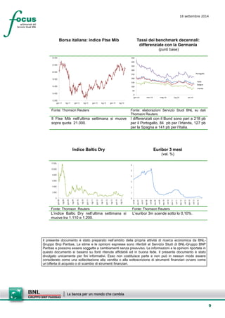 9 
18 settembre 2014 
Borsa italiana: indice Ftse Mib 
Tassi dei benchmark decennali: differenziale con la Germania 
(punti base) 
12.00014.00016.00018.00020.00022.00024.000gen-11lug-11gen-12lug-12gen-13lug-13gen-14lug-14 
ItaliaSpagnaIrlandaPortogallo050100150200250300350400450gen-14mar-14mag-14lug-14set-14 
Fonte: Thomson Reuters 
Fonte: elaborazioni Servizio Studi BNL su dati Thomson Reuters 
Il Ftse Mib nell’ultima settimana si muove sopra quota 21.000. 
I differenziali con il Bund sono pari a 218 pb per il Portogallo, 84 pb per l’Irlanda, 127 pb per la Spagna e 141 pb per l’Italia. 
Indice Baltic Dry 
Euribor 3 mesi 
(val. %) 
02.0004.0006.0008.00010.00012.000 gen-08lug-08gen-09lug-09gen-10lug-10gen-11lug-11gen-12lug-12gen-13lug-13gen-14lug-14 
0123456 set-06mar-07set-07mar-08set-08mar-09set-09mar-10set-10mar-11set-11mar-12set-12mar-13set-13mar-14 
Fonte: Thomson Reuters 
Fonte: Thomson Reuters 
L’indice Baltic Dry nell’ultima settimana si muove tra 1.110 e 1.200. 
L’euribor 3m scende sotto lo 0,10%. 
Il presente documento è stato preparato nell’ambito della propria attività di ricerca economica da BNL- Gruppo Bnp Paribas. Le stime e le opinioni espresse sono riferibili al Servizio Studi di BNL-Gruppo BNP Paribas e possono essere soggette a cambiamenti senza preavviso. Le informazioni e le opinioni riportate in questo documento si basano su fonti ritenute affidabili ed in buona fede. Il presente documento è stato divulgato unicamente per fini informativi. Esso non costituisce parte e non può in nessun modo essere considerato come una sollecitazione alla vendita o alla sottoscrizione di strumenti finanziari ovvero come un’offerta di acquisto o di scambio di strumenti finanziari. 