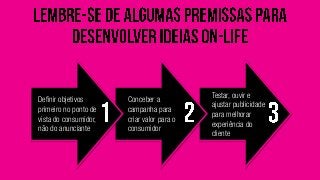 Testar, ouvir e
ajustar publicidade
para melhorar
experiência do
cliente
Conceber a
campanha para
criar valor para o
consumidor
Definir objetivos
primeiro no ponto de
vista do consumidor,
não do anunciante
 