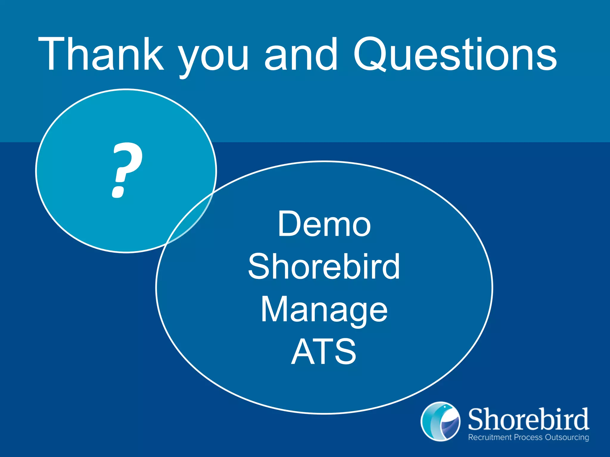 Thank you and Questions
? Demo
Shorebird
Manage
ATS
 