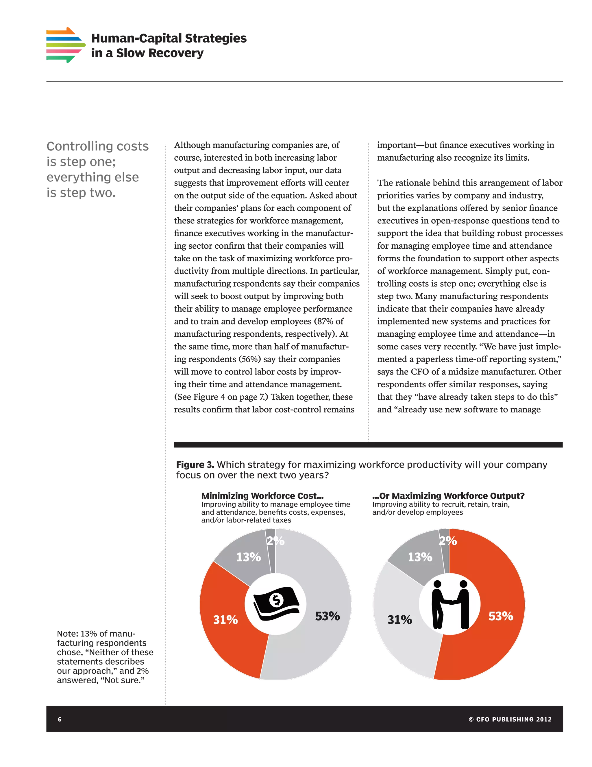 Human-Capital Strategies
         in a Slow Recovery




Controlling costs           Although manufacturing companies are, of              important—but finance executives working in
                            course, interested in both increasing labor           manufacturing also recognize its limits.
is step one;
                            output and decreasing labor input, our data
everything else             suggests that improvement efforts will center         The rationale behind this arrangement of labor
is step two.                on the output side of the equation. Asked about       priorities varies by company and industry,
                            their companies’ plans for each component of          but the explanations offered by senior finance
                            these strategies for workforce management,            executives in open-response questions tend to
                            finance executives working in the manufactur-         support the idea that building robust processes
                            ing sector confirm that their companies will          for managing employee time and attendance
                            take on the task of maximizing workforce pro-         forms the foundation to support other aspects
                            ductivity from multiple directions. In particular,    of workforce management. Simply put, con-
                            manufacturing respondents say their companies         trolling costs is step one; everything else is
                            will seek to boost output by improving both           step two. Many manufacturing respondents
                            their ability to manage employee performance          indicate that their companies have already
                            and to train and develop employees (87% of            implemented new systems and practices for
                            manufacturing respondents, respectively). At          managing employee time and attendance—in
                            the same time, more than half of manufactur-          some cases very recently. “We have just imple-
                            ing respondents (56%) say their companies             mented a paperless time-off reporting system,”
                            will move to control labor costs by improv-           says the CFO of a midsize manufacturer. Other
                            ing their time and attendance management.             respondents offer similar responses, saying
                            (See Figure 4 on page 7.) Taken together, these       that they “have already taken steps to do this”
                            results confirm that labor cost-control remains       and “already use new software to manage




                            Figure 3. Which strategy for maximizing workforce productivity will your company
                            focus on over the next two years?

                                   Minimizing Workforce Cost…                    …Or Maximizing Workforce Output?
                                   Improving ability to manage employee time     Improving ability to recruit, retain, train,
                                   and attendance, benefits costs, expenses,     and/or develop employees
                                   and/or labor-related taxes


                                                    2%                                                2%
                                            13%                                             13%




                                      31%                         53%                31%                              53%
 Note: 13% of manu-
 facturing respondents
 chose, “Neither of these
 statements describes
 our approach,” and 2%
 answered, “Not sure.”



 6	                                                                                                            © C FO P U BL I S H I N G 2 0 1 2
 