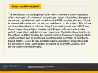 https://integraterna.creative-biogene.com/
info@creative-biogene.com
What Is mRNA Vaccine?
The concept for the development of an mRNA vaccine is rather intelligible.
After the antigen of choice from the pathogen target is identified, the gene is
sequenced, synthesized, and cloned into the DNA template plasmid. mRNA
is transcribed in vitro, and the vaccine is delivered to the subject. The mRNA
vaccine utilizes the host cell machinery for in vivo translation of mRNA into
the corresponding antigen, thereby mimicking a viral infection to evoke
potent humoral and cellular immune responses. The final cellular location of
the antigen is determined by the transmembrane domain and signal peptide.
And the antigen can be expressed as intracellular, secreted, or membrane-
bound protein. Given its fully synthetic nature, almost any sequence could
be designed in silico, synthesized, delivered as an mRNA vaccine, and
tested rapidlyin animal models.
 