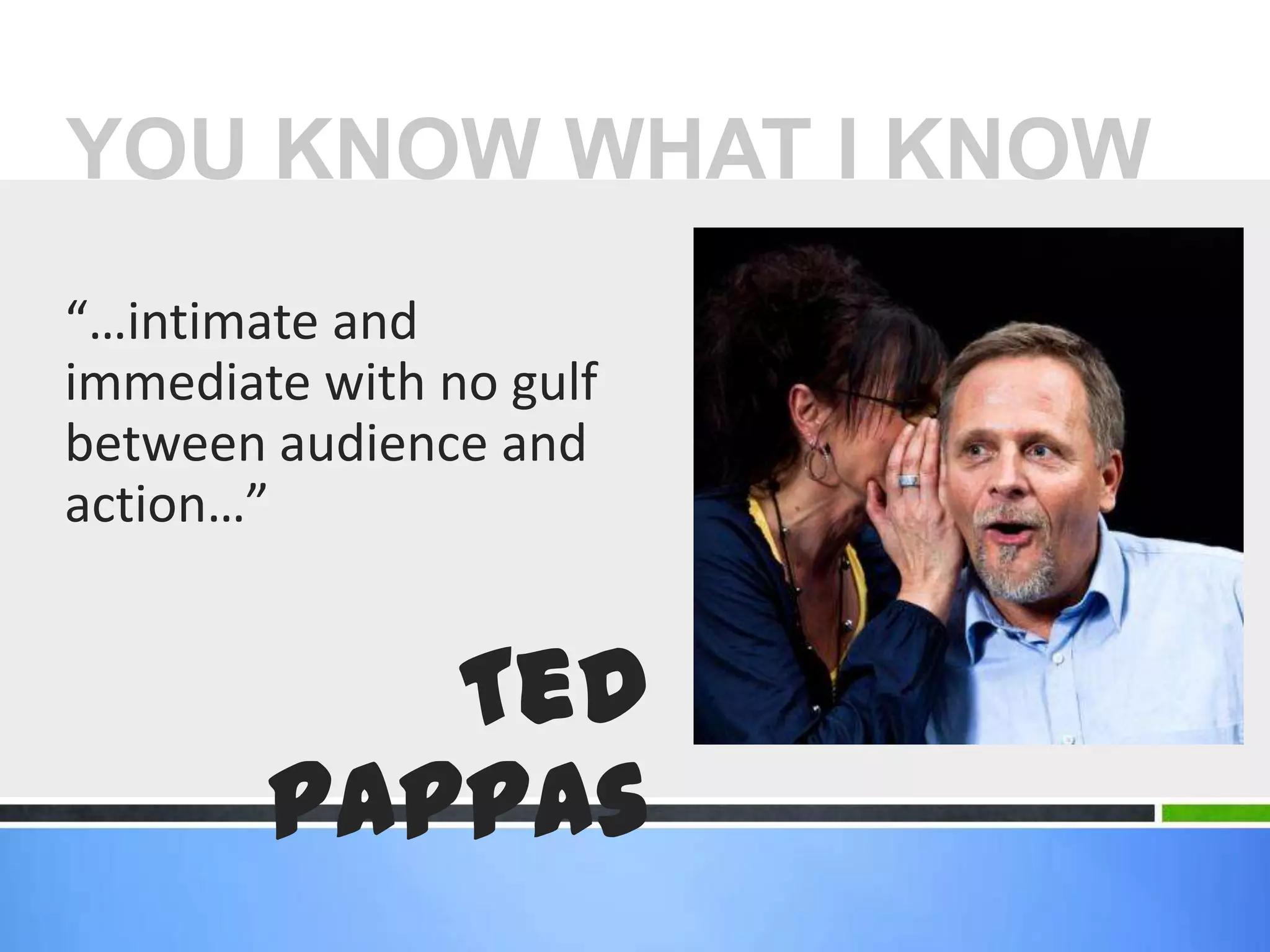 “…intimate and immediate with no gulf between audience and action…”Ted PappasYOU KNOW WHAT I KNOW