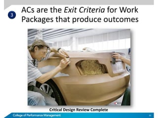 ACs are the Exit Criteria for Work
Packages that produce outcomes
33
Critical Design Review Complete
3
 