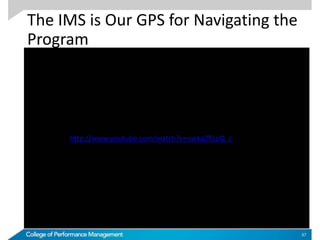 The IMS is Our GPS for Navigating the
Program
37
http://www.youtube.com/watch?v=uwkaZTLpQ_c
 
