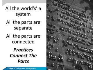 All the world's’ a
system
All the parts are
separate
All the parts are
connected
Practices
Connect The
Parts
5
 