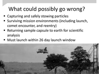 What could possibly go wrong?
 Capturing and safely stowing particles
 Surviving mission environments (including launch,
comet encounter, and reentry)
 Returning sample capsule to earth for scientific
analysis
 Must launch within 26 day launch window
8
 