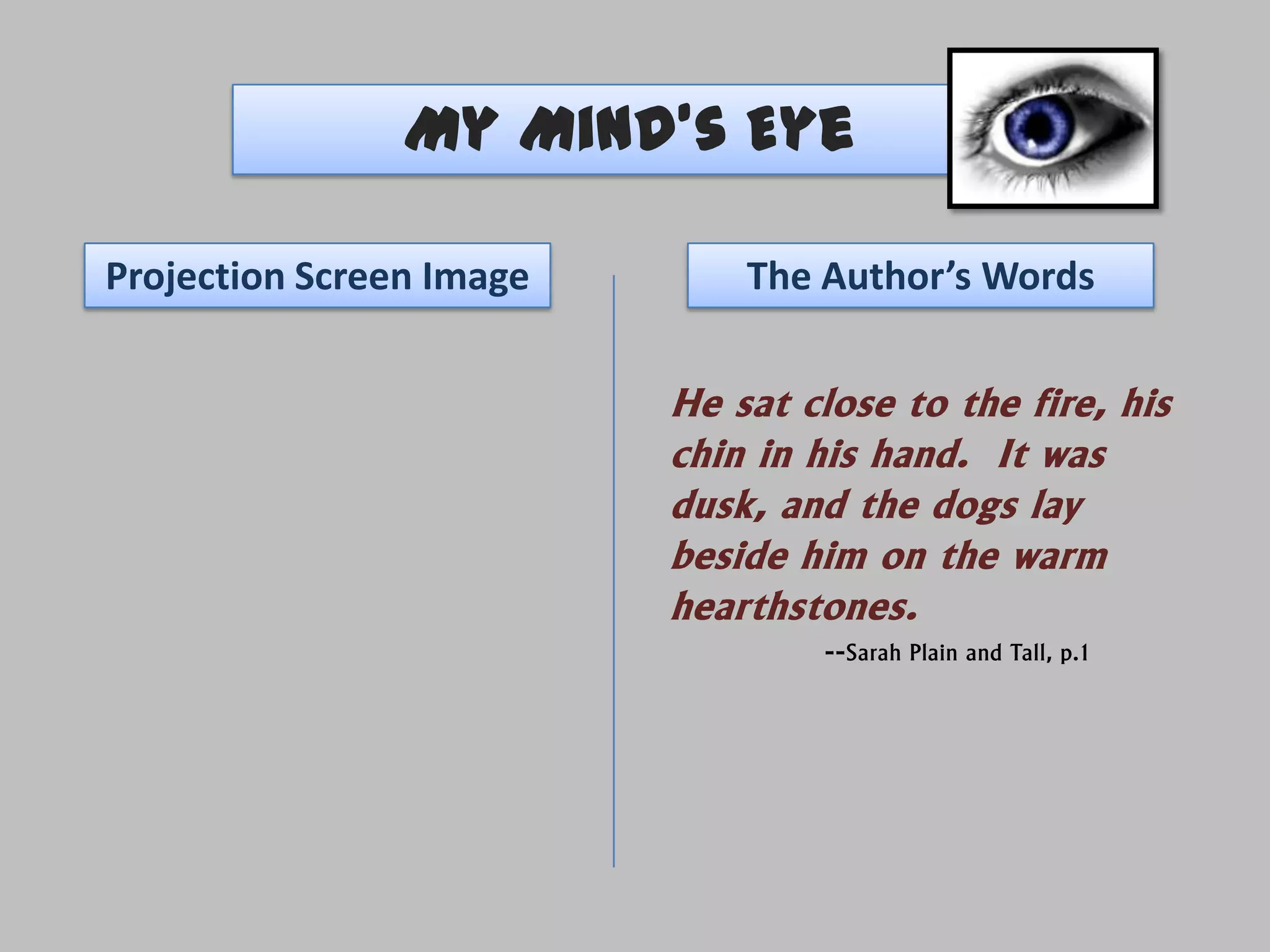My Mind’s Eye

Projection Screen Image       The Author’s Words


                          He sat close to the fire, his
                          chin in his hand. It was
                          dusk, and the dogs lay
                          beside him on the warm
                          hearthstones.
                                  --Sarah Plain and Tall, p.1
 