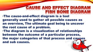 •The cause-and-effect diagram is a tool
generally used to gather all possible causes as
an overview, The ultimate goal being to uncover
the root cause of a problem.
•The diagram is a visualization of relationships
between the outcome of a particular process,
the major categories of that process and causes
and sub causes.
 