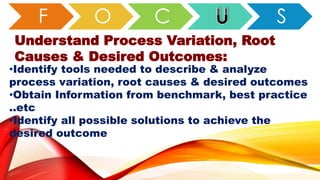 O C S
Understand Process Variation, Root
Causes & Desired Outcomes:
•Identify tools needed to describe & analyze
process variation, root causes & desired outcomes
•Obtain Information from benchmark, best practice
..etc
•Identify all possible solutions to achieve the
desired outcome
 