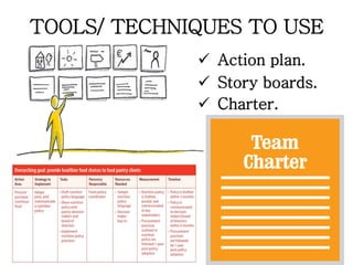 TOOLS/ TECHNIQUES TO USE
 Action plan.
 Story boards.
 Charter.
 