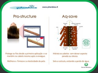 www.phenbiox.it




        Pro-structure                                            Aq-save




                                                ophi




Protege os fios desde a primeira aplicação e se        Hidrata os cabelos sem deixar aspecto
  mantém no cabelo mesmo após o enxágue.                         pesado ou oleoso.

  Melhora a firmeza e a elasticidade da pele.          Sela a cutícula, evitando a perda de água.
 
