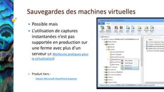 Sauvegardes des machines virtuelles 
Possible mais 
L’utilisation de captures instantanées n’est pas supportée en production sur une ferme avec plus d’un serveur (cf. Meilleures pratiques pour la virtualisation) 
Produit tiers : 
◦VeeamMicrosoft SharePoint Explorer  