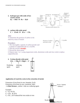 CHEMISTRY 2012 HJH ROSSITA RADZAK
2. hydrogen gas with oxide of less
reactive metal
H2 + PbO à Pb + H2O
3. carbon with oxide metal
C + 2CuO à 2Cu + CO2
Aim:
To determine the position of carbon in the
reactivity series of metals
Procedure:
1. Mix thoroughly a spatula of carbon powder and
a spatula of copper(II)oxide in a crucible.
2. Heat the mixture strongly.
3. Record the observation.
4. Repeat steps 1 to 3, using magnesium oxide, aluminium oxide and zinc oxide to replace
copper(II)oxide.
4. Carbon dioxide with metal
CO2 + 2Mg à 2MgO + C
Application of reactivity series in the extraction of metals
Extraction of iron from its ores, hematite, Fe2O3
Extraction of tin from its ores, cassiterite, SnO2
- in blast furnace , carbon / coke as a reducing agent.
Example:
C + O2 à CO2
C + CO2 à 2CO
C, CO2 , 2CO reduced the iron oxides to iron
35
Oxidizing reducing
agent agent
 