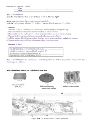 CHEMISTRY 2012 HJH ROSSITA RADZAK
Zinc
Iron
Heat of precipitation
Aim: To determine the heat of precipitaion of silver chloride, AgCl
Apparatus: plastic cup, thermometer, measuring cylinder
Material : silver nitrate solution , 0.5 mol dm-3
, sodium chloride solution, 0.5 mol dm-3
Procedure:
1. Measure 20 cm3
0.5 mol dm-3
of silver nitrate solution and pour into plastic cup.
2. Measure and record the initial temperature of silver nitrate solution.
3. Measure 20 cm3
0.5 mol dm-3
of sodium chloride solution and pour into plastic cup.
4. Measure and record the initial temperature of sodium chloride solution.
5. Add the sodium chloride soltuions into the silver nitrate solution quickly and stir the mixture.
6. Measure and record the highest temperature of the reacting mixture.
Tabulation of data:
initial temperature of silver nitrate solution, o
C
initial temperature of sodium chloride solution, o
C
Average temperature of both solutions, o
C
highest temperature of the reacting mixture, o
C
Heat of precipitation is the heat released / heat change when one mole of precipitate is formed from their
ions in aqueous solution.
Aplication of exothermic and endothermic reaction
39
ammonium nitrate
(NH4NO3) Calcium chloride or
magnesium sulphate
sodium acetate crystals
 