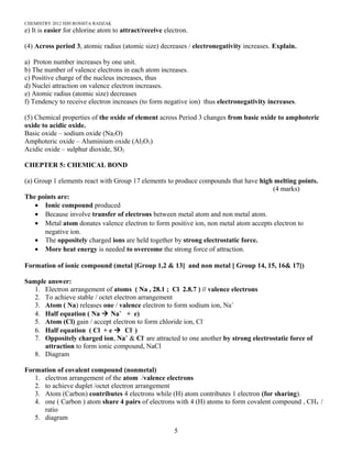 CHEMISTRY 2012 HJH ROSSITA RADZAK
e) It is easier for chlorine atom to attract/receive electron.
(4) Across period 3, atomic radius (atomic size) decreases / electronegativity increases. Explain.
a) Proton number increases by one unit.
b) The number of valence electrons in each atom increases.
c) Positive charge of the nucleus increases, thus
d) Nuclei attraction on valence electron increases.
e) Atomic radius (atomic size) decreases
f) Tendency to receive electron increases (to form negative ion) thus electronegativity increases.
(5) Chemical properties of the oxide of element across Period 3 changes from basic oxide to amphoteric
oxide to acidic oxide.
Basic oxide – sodium oxide (Na2O)
Amphoteric oxide – Aluminium oxide (Al2O3)
Acidic oxide – sulphur dioxide, SO2
CHEPTER 5: CHEMICAL BOND
(a) Group 1 elements react with Group 17 elements to produce compounds that have high melting points.
(4 marks)
The points are:
• Ionic compound produced
• Because involve transfer of electrons between metal atom and non metal atom.
• Metal atom donates valence electron to form positive ion, non metal atom accepts electron to
negative ion.
• The oppositely charged ions are held together by strong electrostatic force.
• More heat energy is needed to overcome the strong force of attraction.
Formation of ionic compound (metal [Group 1,2 & 13] and non metal [ Group 14, 15, 16& 17])
Sample answer:
1. Electron arrangement of atoms ( Na , 28.1 ; Cl 2.8.7 ) // valence electrons
2. To achieve stable / octet electron arrangement
3. Atom ( Na) releases one / valence electron to form sodium ion, Na+
4. Half equation ( Na à Na+
+ e)
5. Atom (Cl) gain / accept electron to form chloride ion, Cl-
6. Half equation ( Cl + e à Cl-
)
7. Oppositely charged ion, Na+
& Cl-
are attracted to one another by strong electrostatic force of
attraction to form ionic compound, NaCl
8. Diagram
Formation of covalent compound (nonmetal)
1. electron arrangement of the atom /valence electrons
2. to achieve duplet /octet electron arrangement
3. Atom (Carbon) contributes 4 electrons while (H) atom contributes 1 electron (for sharing).
4. one ( Carbon ) atom share 4 pairs of electrons with 4 (H) atoms to form covalent compound , CH4 /
ratio
5. diagram
5
 