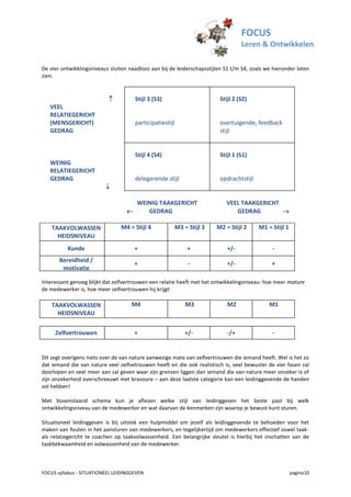 FOCUS
                                                                                   Leren & Ontwikkelen

De vier ontwikklingsniveaus sluiten naadloos aan bij de leiderschapsstijlen S1 t/m S4, zoals we hieronder laten
zien.



                                     Stijl 3 (S3)                        Stijl 2 (S2)
   VEEL
   RELATIEGERICHT
   (MENSGERICHT)                      participatiestijl                   overtuigende, feedback
   GEDRAG                                                                 stijl


                                      Stijl 4 (S4)                        Stijl 1 (S1)
   WEINIG
   RELATIEGERICHT
   GEDRAG                             delegerende stijl                   opdrachtstijl
                          

                                     WEINIG TAAKGERICHT                     VEEL TAAKGERICHT
                                       GEDRAG                                 GEDRAG        

    TAAKVOLWASSEN               M4 = Stijl 4              M3 = Stijl 3   M2 = Stijl 2     M1 = Stijl 1
      HEIDSNIVEAU
          Kunde                       +                        +             +/-               -
       Bereidheid /
                                      +                        -             +/-               +
        motivatie

Interessant genoeg blijkt dat zelfvertrouwen een relatie heeft met het ontwikkelingsniveau: hoe meer mature
de medewerker is, hoe meer zelfvertrouwen hij krijgt:

    TAAKVOLWASSEN                    M4                       M3             M2               M1
      HEIDSNIVEAU


     Zelfvertrouwen                   +                       +/-            -/+               -


Dit zegt overigens niets over de van nature aanwezige mate van zelfvertrouwen die iemand heeft. Wel is het zo
dat iemand die van nature veel zelfvetrouwen heeft en die ook realistisch is, veel bewuster de vier fasen zal
doorlopen en veel meer aan zal geven waar zijn grenzen liggen dan iemand die van nature meer onzeker is of
zijn onzekerheid overschreeuwt met bravoure – aan deze laatste categorie kan een leidinggevende de handen
vol hebben!

Met bovenstaand schema kun je aflezen welke stijl van leidinggeven het beste past bij welk
ontwikkelingsniveau van de medewerker en wat daarvan de kenmerken zijn waarop je bewust kunt sturen.

Situationeel leidinggeven is bij uitstek een hulpmiddel om jezelf als leidinggevende te behoeden voor het
maken van fouten in het aansturen van medewerkers, en tegelijkertijd om medewerkers effectief zowel taak-
als relatiegericht te coachen op taakvolwassenheid. Een belangrijke sleutel is hierbij het inschatten van de
taakbekwaamheid en volwassenheid van de medewerker.



FOCUS syllabus - SITUATIONEEL LEIDINGGEVEN                                                               pagina10
 
