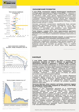 Август 2018р.
Випуск 3
У січні 2019р. посилилося падіння промислового виробництва
(-3,3%р/р проти зростання у 4,3%р/р у січні 2018р.). У порівнянні з
груднем 2018р. сезонне падіння склало -13,8%м/м, що, незважаючи
на значимість цифр, дещо менше середньостатистичного рівня
січневого скорочення промвиробництва, сформованого в останні роки
(-14,6%м/м). Лідером падіння внаслідок високої бази порівняння
(+62,6%р/р у січні 2018р.) стала хімічна промисловість (-14,9%р/р).
Зростання спостерігалося тільки в фармацевтиці (+6,6%р/р), а також
енергетичному секторі (+1,3%р/р).
Негативні результати промислового виробництва були частково
компенсовані зростанням сільського господарства (+3,0% р/р) і
оборотів роздрібної торгівлі (+6,1% р/р). На тлі низької бази
порівняння в позитивній зоні виявилося також будівництво
(+6,2%р/р) за рахунок 30,5% зростання в нежитловому сегменті.
Також вперше з грудня 2017р. було зареєстровано зростання
вантажообігу (+2,9%р/р). Індекс пасажирообороту склав 103%р/р, не
дивлячись на те, що кількість перевезених пасажирів скоротилося на
6,5%р/р.
У цілому, індекс виробництва базових галузей, що розраховується
НБУ, за підсумками січня залишився негативним (-0,4%).
Відзначимо, що, незважаючи на зростання невизначеності, пов'язаної
з майбутніми «подвійними» виборами, індекс ділових очікувань, що
розраховується НБУ, дещо покращився в 4кв2018 до 17,3% з 17,2%.
Індикатор економічних настроїв, за даними ГССУ, в 1кв2019
продемонстрував зростання до 106,3% проти 104% кварталом
раніше.
Лютий 2019р.
Випуск 2
Джерело: ДССУ
ЕКОНОМІЧНИЙ РОЗВИТОК
2
Джерело: ДССУ, Raiffeisen Bank Aval Research
Зверніть увагу на повідомлення про ризики і пояснення наприкінці цього документа
3,0
-1,6
-5,5
-1,9
-9,7
-3,6
-14,9
-4,5
-11,9
1,3
6,2
6,1
1,1
0,6
10,7
3,3
0,6
-5,6
8,4
23,5
-8,4
-1,0
9,6
-20 -10 0 10 20 30 40 50
Сільське госп.
Добувна пром.
Переробна пром.
Харчова пром.
Легка пром.
Нафтоперероб. пром
Хімічна пром.
Металургія
Машинобудування
Енергетика
Будівництво
Роздрібна торгівля
Темпи зростання виробництва
за галузями, %
Січень 2019 до Січня 2018 Січень 2018 до Січня 2017
mykhailo.rebryk@aval.ua
Джерело: ДССУ, Raiffeisen Bank Aval Research
*У () вага у структурі споживчого кошику для розрах. ІСЦ у 2018р
9,2
0
5
10
15
20
25
30
35
40
45
50
55
60
65
01.15
02.15
03.15
04.15
05.15
06.15
07.15
08.15
09.15
10.15
11.15
12.15
01.16
02.16
03.16
04.16
05.16
06.16
07.16
08.16
09.16
10.16
11.16
12.16
01.17
02.17
03.17
04.17
05.17
06.17
07.17
08.17
09.17
10.17
11.17
12.17
01.18
02.18
03.18
04.18
05.18
06.18
07.18
08.18
09.18
10.18
11.18
12.18
01.19
Внесок до індексу споживчих цін, п.п.*
Інші компоненти (24,7%)
Одяг та взуття (5,3%)
Транспорт (11,4%)
Комунальні платежі (4,9%)
Алког. напої, сигарети (8,3%)
Продукти харчування та безалк. напої (45,4%)
Індекс споживчих цін,% р/р
ІНФЛЯЦІЯ
У січні 2019р. індекс споживчих цін (ІСЦ) у річному вимірі
продовжив зниження до 9,2% з 9,8%р/р, не дивлячись на
прискорення інфляції в порівнянні з груднем 2018р. (+1%м/м).
Зниження річного індексу відбувалося на тлі високої бази порівняння
всупереч істотного зростання тарифів на житлово-комунальні послуги
(+13,1р/р), зокрема - на гарячу воду і опалення (+16,6%р/р, +11%м/м),
водопостачання (+21,1%р/р, +1,4%м/м) і природний газ (+22,9%р/р).
Зростання цін на продукти харчування також прискорилося і склало
+7,9%р/р або +2,1%м/м . Більше всього подорожчали овочі
(+34,5%р/р, +16,6%м/м ), а також фрукти (+4,7%м/м), які раніше
виступали одним з дезінфляційних факторів.
З іншого боку, зниження ІСЦ перш за все сприяло збереження
позитивного ефекту низьких цін на паливно-мастильні матеріали
(-1,9%р/р, -6,1%м/м) в результаті падіння світових котирувань на
нафту восени 2018р., а також здешевлення імпортних товарів
(зокрема одягу та взуття на -4,6%м/м) під впливом зміцнення
обмінного курсу гривні.
Зазначені фактори також сприяли суттєвому зниженню індексу
цін виробників промислової продукції до 10,4%р/р у січні 2019р.
проти 17,4%р/р у грудні 2018р.
Зарплати в січні продовжили зростання як в номінальному
(+19,6%р/р), так і в реальному (+9,5%р/р) виразах, хоча і дещо
меншими темпами, ніж у грудні 2018р., коли традиційно
здійснювалися виплати премій, а також залишки зарплатних
платежів, перенесених з перших святкових чисел січня. З 01.01.2019
відбулося зростання мінімальної заробітної плати на 12,1% до
4173 грн., а також пенсій військових пенсіонерів. У березні очікується
збільшення виплат в результаті актуалізації пенсій
((10,9% + 24,8%)/2=+17,9%), в березні-квітні - додаткові виплати (по
2400 грн.) окремим категоріям пенсіонерів в якості невиплаченої
раніше індексації, а з квітня - збільшення грошового забезпечення
бійців, які перебувають на передовій. Також в березні очікується
старт програми монетизації субсидій.
3,6
2,8
2,4
3,0
2,6
2,5
2,6
2,2
1,8
1,4
-0,9
1,1
4,3
3,6
2,9
3,1 3,1
3,0
3,1
2,8
2,4 2,4
2,1
1,6
3,8
2,9
2,2 2,2 2,1 2,0 2,1
1,7
1,2 1,2
0,9
0,4
-1,5
-1,0
-0,5
0,0
0,5
1,0
1,5
2,0
2,5
3,0
3,5
4,0
4,5
5,0
Індекси промислового виробництва
(до відпов. періоду попереднього року, %)
Попередні оцінки ДССУ
Уточнені оцінки ДССУ
Оцінки RBA Research на основі попередніх данних ДССУ щодо
приростів міс/міс
 