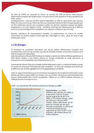  
Du	
   côté	
   de	
   l’offre,	
   on	
   recensait	
   en	
   France	
   32	
   services	
   de	
   VOD	
   en	
   février	
   2008	
   (sources	
  
Observatoire	
  Européen	
  de	
  l’Audiovisuel).	
  2	
  ans	
  plus	
  tard,	
  le	
  CNC	
  recense	
  en	
  France	
  49	
  éditeurs	
  de	
  
VOD	
  «	
  actifs	
  ».	
  
Conséquemment,	
  2	
  fois	
  plus	
  de	
  films	
  étaient	
  disponibles	
  en	
  VOD	
  en	
  2009	
  qu’en	
  2007	
  (sources	
  
OEA).	
  En	
  2009	
  et	
  en	
  France,	
  l’offre	
  des	
  films	
  est	
  constituée	
  d’abord	
  de	
  films	
  français	
  (43,4%),	
  puis	
  
de	
  films	
  américains	
  (36,7%),	
  puis	
  européens	
  (13,8%).	
  Ces	
  derniers	
  semblent	
  marquer	
  une	
  légère	
  
progression	
  (+	
  1,3	
  %	
  par	
  rapport	
  à	
  2007)	
  –	
  tendance	
  confirmée	
  par	
  l’Observatoire	
  de	
  la	
  VOD	
  qui	
  
annonce	
  un	
  pourcentage	
  de	
  films	
  européens	
  non	
  nationaux	
  s’élevant	
  à	
  14,1%	
  fin	
  2009.	
  
	
  
Derniers	
   indicateurs	
   de	
   consommation	
   notables	
  :	
   la	
   prédominance	
   en	
   France	
   du	
   modèle	
  
économique	
   en	
   location	
   payée	
   à	
   l’acte	
   (99%	
   des	
   visionnages	
   en	
   2007,	
   	
   98,3%	
   en	
   2009	
   et	
   95%	
  
estimés	
  pour	
  2010).	
  	
  
1.2	
  En	
  Europe	
  :	
  
	
  
En	
   attendant	
   les	
   prochaines	
   estimations	
   que	
   devrait	
   publier	
   l’Observatoire	
   Européen	
   très	
  
prochainement,	
  force	
  est	
  de	
  constater	
  que	
  peu	
  de	
  données	
  chiffrées	
  concernant	
  le	
  secteur	
  de	
  la	
  
VOD	
  en	
  Europe	
  sont	
  disponibles.	
  	
  
Selon	
  les	
  prévisions	
  d’Exane	
  BNP	
  Paribas	
  (voir	
  tableau	
  ci-­‐après),	
  le	
  chiffres	
  d’affaires	
  généré	
  par	
  la	
  
VOD	
   devait	
   s’établir	
   à	
   770	
   millions	
   d’euros	
   en	
   Europe	
   occidentale	
   en	
   2009,	
   poursuivre	
   sa	
  
croissance	
  en	
  2010	
  et	
  atteindre	
  1,65	
  milliard	
  d’euros	
  en	
  2011.	
  	
  
	
  
Une	
  étude	
  de	
  Informa	
  Telecoms	
  et	
  Media	
  chiffrait	
  déjà	
  quant	
  à	
  elle	
  à	
  1,2	
  milliard	
  de	
  dollars	
  le	
  poids	
  
du	
  secteur	
  en	
  2005	
  pour	
  l’ensemble	
  des	
  pays	
  européens	
  –	
  un	
  écart	
  qui	
  s’explique	
  sans	
  doute	
  par	
  
la	
  différence	
  des	
  activités	
  agrégées	
  et	
  la	
  zone	
  géographique	
  considérée.	
  
	
  
Enfin,	
  le	
  rapport	
  final	
  élaboré	
  pour	
  la	
  Commission	
  Européenne,	
  DG	
  Société	
  de	
  l’Information	
  et	
  des	
  
Médias,	
  par	
  KEA	
  European	
  Affairs	
  en	
  octobre	
  2010	
  sous	
  le	
  titre	
  «	
  les	
  licences	
  multi-­‐territoriales	
  des	
  
œuvres	
   audiovisuelles	
   dans	
   l’Union	
   Européenne	
  »	
   tablait	
   sur	
   un	
   chiffre	
   d’affaires	
   d’environ	
   2,2	
  
milliards	
  d’euros	
  en	
  Europe	
  en	
  2013.	
  
 