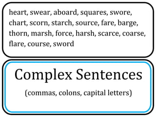heart, swear, aboard, squares, swore,
chart, scorn, starch, source, fare, barge,
thorn, marsh, force, harsh, scarce, coarse,
flare, course, sword



 Complex Sentences
    (commas, colons, capital letters)
 