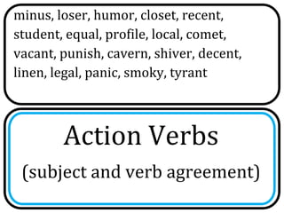 minus, loser, humor, closet, recent,
student, equal, profile, local, comet,
vacant, punish, cavern, shiver, decent,
linen, legal, panic, smoky, tyrant



        Action Verbs
 (subject and verb agreement)
 