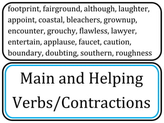 footprint, fairground, although, laughter,
appoint, coastal, bleachers, grownup,
encounter, grouchy, flawless, lawyer,
entertain, applause, faucet, caution,
boundary, doubting, southern, roughness


  Main and Helping
 Verbs/Contractions
 