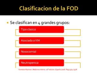  Se clasifican en 4 grandes grupos:
Tipo clasico
Asociada aVIH
Nosocomial
Neutropenica
Farreras-Rozman. Medicina interna. 16° edicion. España 2006. Pag 2574-2578
 
