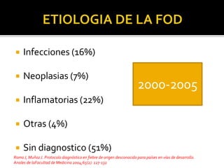  Infecciones (16%)
 Neoplasias (7%)
 Inflamatorias (22%)
 Otras (4%)
 Sin diagnostico (51%)
2000-2005
RomoJ, MuñozJ. Protocolo diagnóstico en fiebre de origen desconocido para países en vías de desarrollo.
Anales de laFacultad de Medicina 2004;65(2): 127-132
 