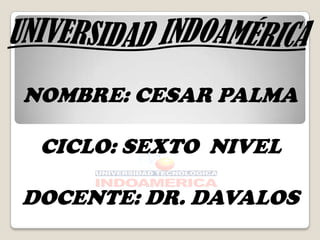 UNIVERSIDAD INDOAMÉRICA NOMBRE: CESAR PALMA CICLO: SEXTO  NIVEL DOCENTE: DR. DAVALOS 