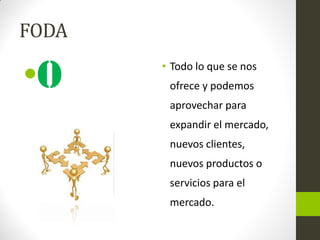 FODA
•o • Todo lo que se nos
ofrece y podemos
aprovechar para
expandir el mercado,
nuevos clientes,
nuevos productos o
servicios para el
mercado.