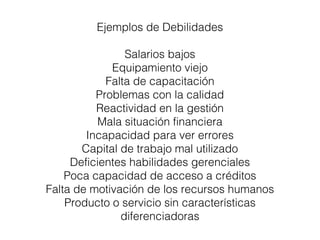 Ejemplos de Debilidades 
Salarios bajos 
Equipamiento viejo 
Falta de capacitación 
Problemas con la calidad 
Reactividad en la gestión 
Mala situación financiera 
Incapacidad para ver errores 
Capital de trabajo mal utilizado 
Deficientes habilidades gerenciales 
Poca capacidad de acceso a créditos 
Falta de motivación de los recursos humanos 
Producto o servicio sin características 
diferenciadoras 
 