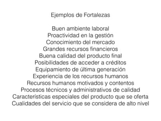 Ejemplos de Fortalezas 
Buen ambiente laboral 
Proactividad en la gestión 
Conocimiento del mercado 
Grandes recursos financieros 
Buena calidad del producto final 
Posibilidades de acceder a créditos 
Equipamiento de última generación 
Experiencia de los recursos humanos 
Recursos humanos motivados y contentos 
Procesos técnicos y administrativos de calidad 
Características especiales del producto que se oferta 
Cualidades del servicio que se considera de alto nivel 
 