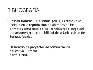 BIBLIOGRAFÍA
• Rascón Dórame, Luis Tomas. (2011) Factores que
inciden en la reprobación en alumnos de los
primeros semestres de las licenciaturas a cargo del
departamento de contabilidad de la Universidad de
Sonora. México.
• Desarrollo de proyectos de comunicación
educativa. Primera
parte. UNID.
 