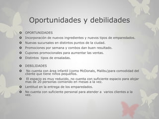 Oportunidades y debilidades
 OPORTUNIDADES
 Incorporación de nuevos ingredientes y nuevos tipos de emparedados.
 Nuevas sucursales en distintos puntos de la ciudad.
 Promociones por semana y combos dan buen resultado.
 Cupones promocionales para aumentar las ventas.
 Distintos tipos de ensaladas.
 DEBILIDADES
 No cuenta con área infantil (como McDonals, Malibu)para comodidad del
cliente que tiene niños pequeños.
 El espacio es muy reducido, no cuenta con suficiente espacio para alojar
mas de 20 personas comiendo en mesas a la vez.
 Lentitud en la entrega de los emparedados.
 No cuenta con suficiente personal para atender a varios clientes a la
vez.
 