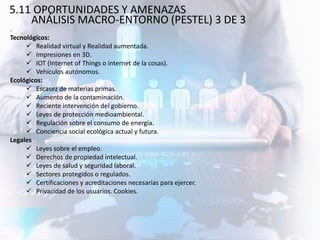 5.11 OPORTUNIDADES Y AMENAZAS
ANÁLISIS MACRO-ENTORNO (PESTEL) 3 DE 3
.
Tecnológicos:
 Realidad virtual y Realidad aumentada.
 Impresiones en 3D.
 IOT (Internet of Things o internet de la cosas).
 Vehículos autónomos.
Ecológicos:
 Escasez de materias primas.
 Aumento de la contaminación.
 Reciente intervención del gobierno.
 Leyes de protección medioambiental.
 Regulación sobre el consumo de energía.
 Conciencia social ecológica actual y futura.
Legales
 Leyes sobre el empleo.
 Derechos de propiedad intelectual.
 Leyes de salud y seguridad laboral.
 Sectores protegidos o regulados.
 Certificaciones y acreditaciones necesarias para ejercer.
 Privacidad de los usuarios. Cookies.
 