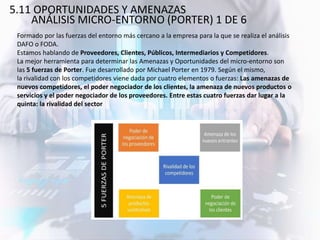 5.11 OPORTUNIDADES Y AMENAZAS
ANÁLISIS MICRO-ENTORNO (PORTER) 1 DE 6
Formado por las fuerzas del entorno más cercano a la empresa para la que se realiza el análisis
DAFO o FODA.
Estamos hablando de Proveedores, Clientes, Públicos, Intermediarios y Competidores.
La mejor herramienta para determinar las Amenazas y Oportunidades del micro-entorno son
las 5 fuerzas de Porter. Fue desarrollado por Michael Porter en 1979. Según el mismo,
la rivalidad con los competidores viene dada por cuatro elementos o fuerzas: Las amenazas de
nuevos competidores, el poder negociador de los clientes, la amenaza de nuevos productos o
servicios y el poder negociador de los proveedores. Entre estas cuatro fuerzas dar lugar a la
quinta: la rivalidad del sector
 