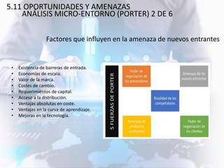 Factores que influyen en la amenaza de nuevos entrantes
• Existencia de barreras de entrada.
• Economías de escala.
• Valor de la marca.
• Costes de cambio.
• Requerimientos de capital.
• Acceso a la distribución.
• Ventajas absolutas en coste.
• Ventajas en la curva de aprendizaje.
• Mejoras en la tecnología.
5.11 OPORTUNIDADES Y AMENAZAS
ANÁLISIS MICRO-ENTORNO (PORTER) 2 DE 6
 