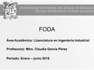 FODA
Área Académica: Licenciatura en Ingeniería Industrial
Profesor(a): Mtra. Claudia García Pérez
Periodo: Enero – junio 2018
 