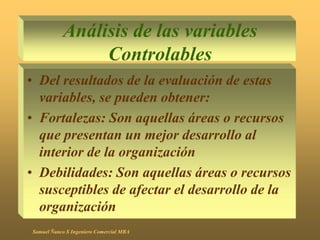 Análisis de las variables
Controlables
• Del resultados de la evaluación de estas
variables, se pueden obtener:
• Fortalezas: Son aquellas áreas o recursos
que presentan un mejor desarrollo al
interior de la organización
• Debilidades: Son aquellas áreas o recursos
susceptibles de afectar el desarrollo de la
organización
Samuel Ñanco S Ingeniero Comercial MBA
 