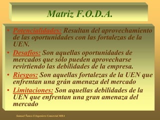 Matriz F.O.D.A.
• Potencialidades: Resultan del aprovechamiento
de las oportunidades con las fortalezas de la
UEN.
• Desafíos: Son aquellas oportunidades de
mercados que sólo pueden aprovecharse
revirtiendo las debilidades de la empresa.
• Riesgos: Son aquellas fortalezas de la UEN que
enfrentan una grán amenaza del mercado
• Limitaciones: Son aquellas debilidades de la
UEN que enfrentan una gran amenaza del
mercado
Samuel Ñanco S Ingeniero Comercial MBA
 