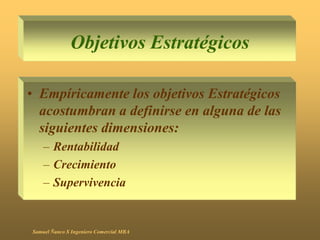 Objetivos Estratégicos
• Empíricamente los objetivos Estratégicos
acostumbran a definirse en alguna de las
siguientes dimensiones:
– Rentabilidad
– Crecimiento
– Supervivencia
Samuel Ñanco S Ingeniero Comercial MBA
 