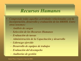 Recursos Humanos
• Comprende todas aquellas actividades relacionadas con la
incorporación, desarrollo y evaluación de los RRHH. Entre
otras tenemos:
– Análisis de cargos
– Selección de los Recursos Humanos
– Evaluación de tareas
– Administración de la Capacitación y desarrollo
– Liderazgo ejercido
– Desarrollo de equipos de trabajos
– Evaluación del desempeño
– Auditorías de gestión
Samuel Ñanco S Ingeniero Comercial MBA
 